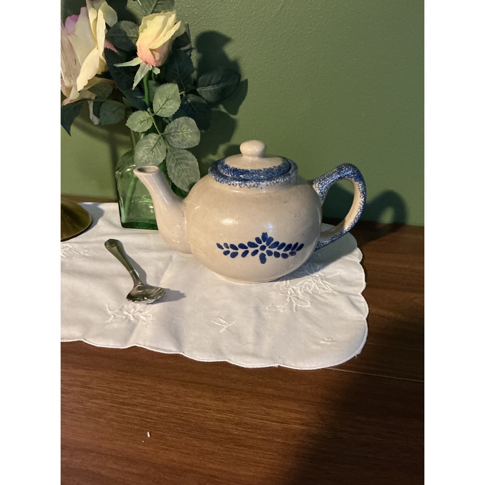 Loomco Blue Spongeware Teapot with Lid Floral Beige Stoneware Country Kitchen